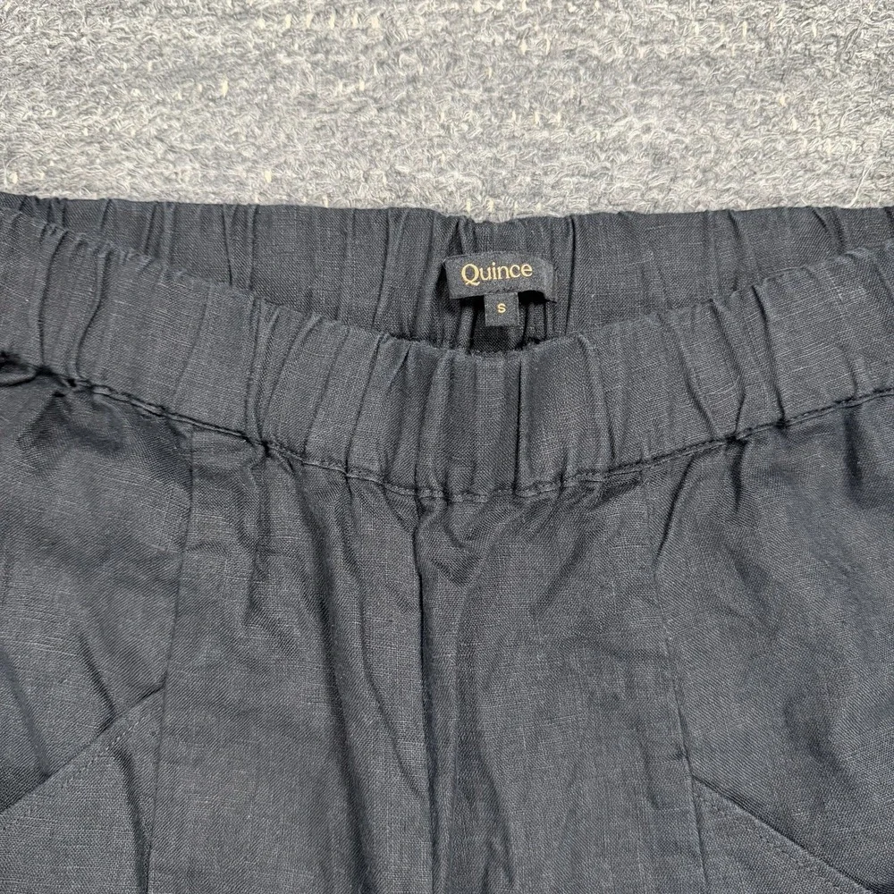Quince Pants Women Small 100% European Linen Tapered Ankle Black Elastic Waist